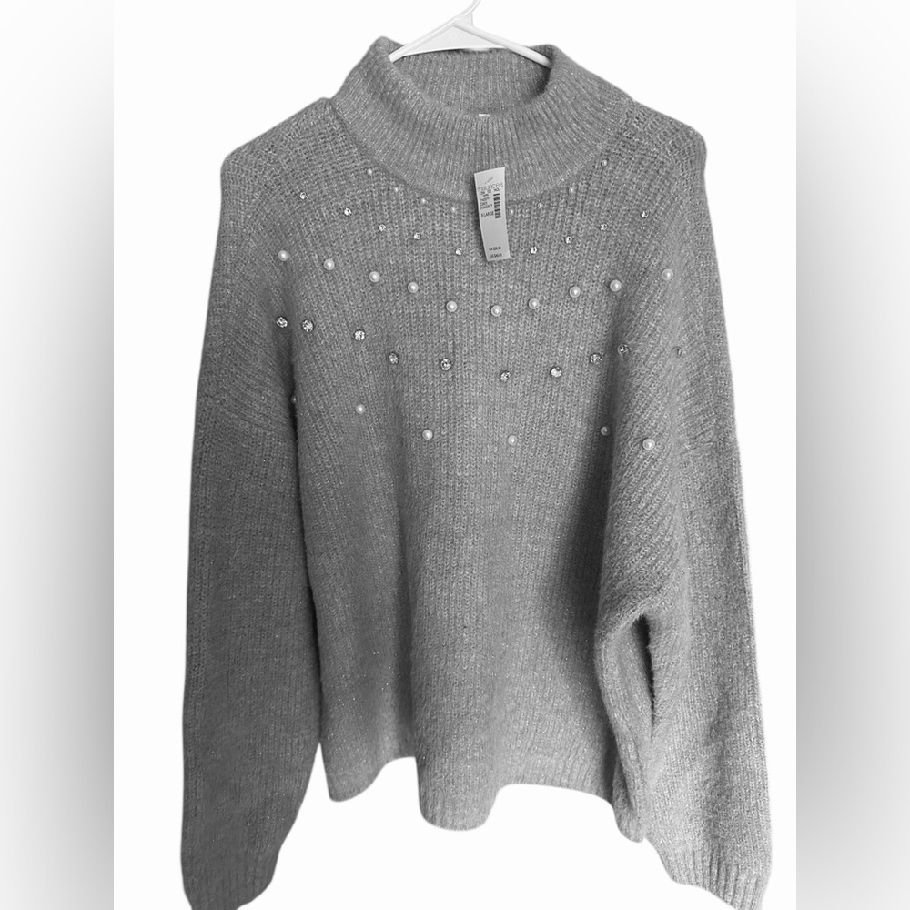 Maurices Gray Pearl & Rhinestone Mock Neck Sweater